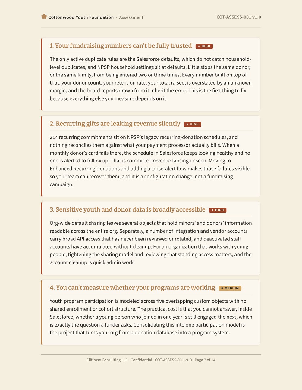 Sample "What we found" page: ranked findings led by fundraising-data integrity and recurring-gift leakage, each with a severity badge and a plain-language explanation.