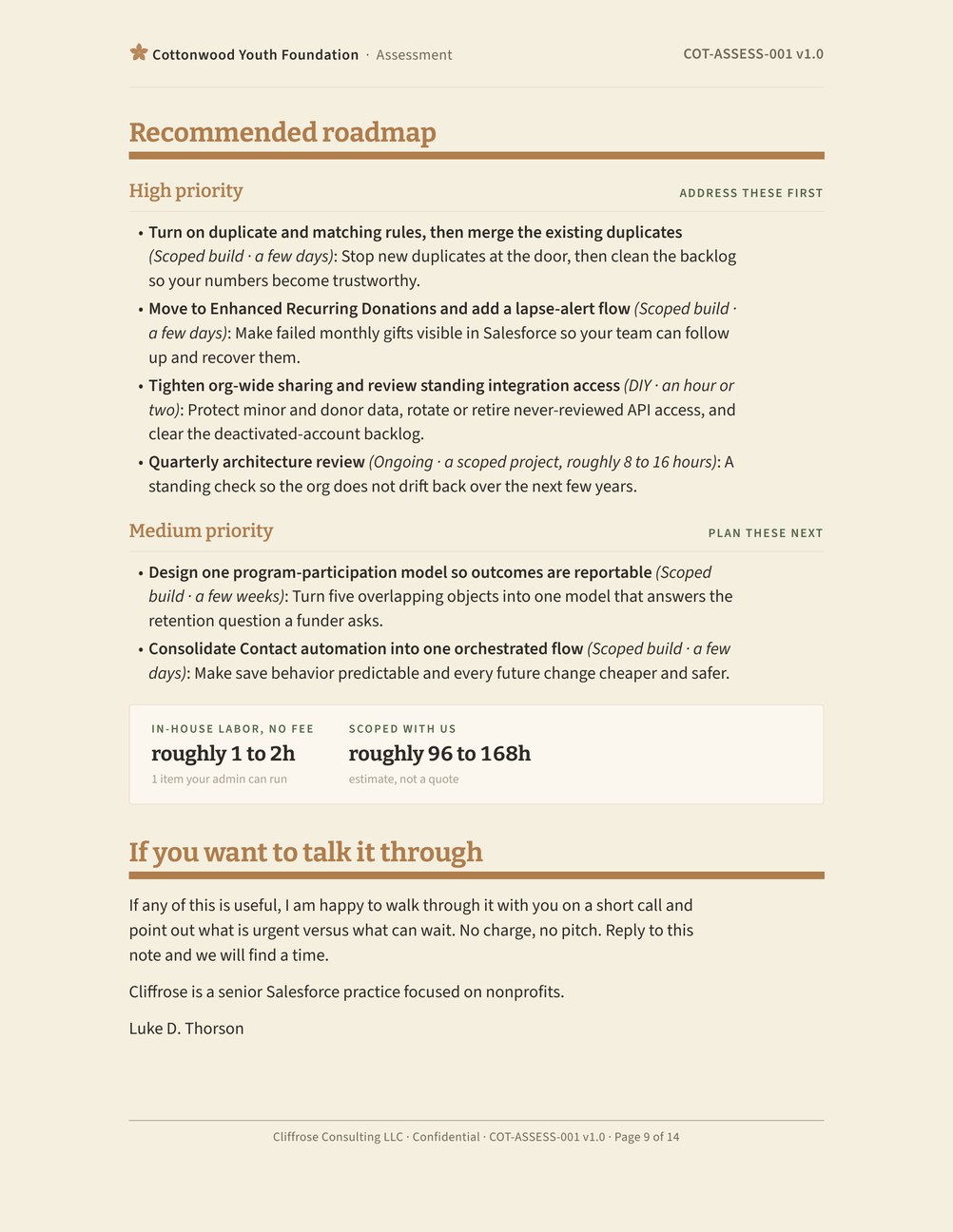 Sample "Recommended roadmap" page: fixes grouped by priority, with in-house versus scoped hour estimates.
